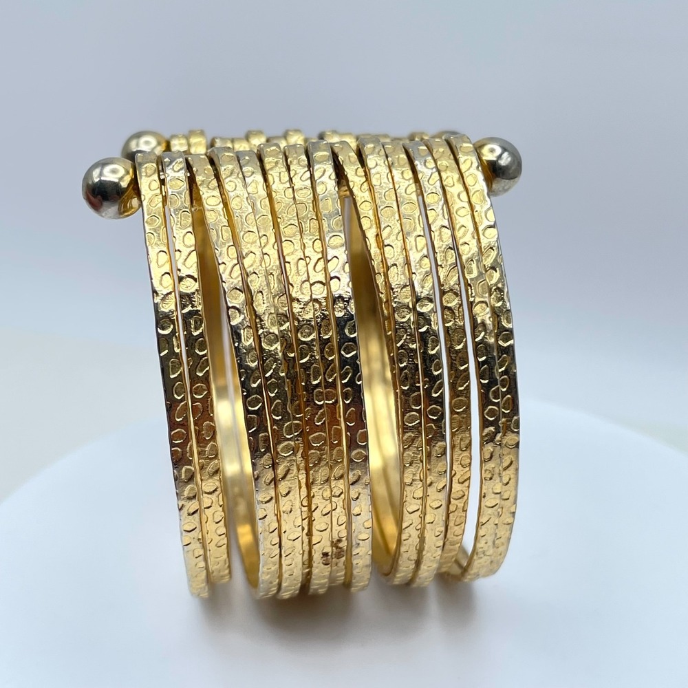 VTG Gold Tone Gladiator Wide Multi-Band Stacked Hammered Open Cuff Bracelet Boho - Picture 2 of 8